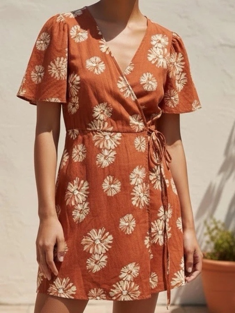 Madewell Rust Orange Daisy Wrap Mini Dress